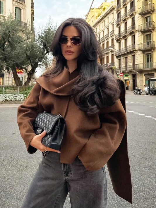 Women Chocolate Scarf Shawl Collar Short Wool Blends Coat Elegant Fashion Long Sleeve Casual Jacket 2024 Autumn Street Outerwear