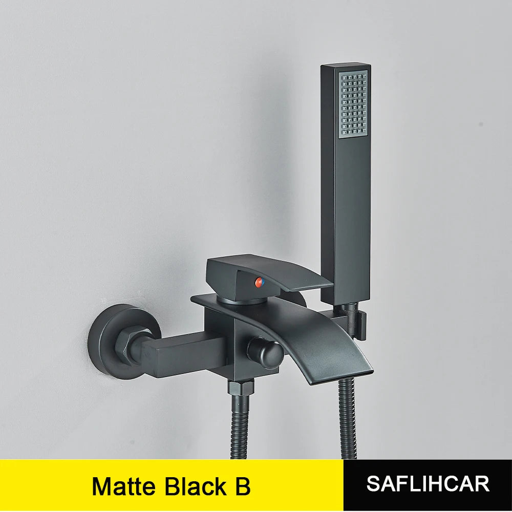 Matte Black Bathroom Bathtub Faucet Waterfall Faucet With Hand Shower Hot and Cold Water Mixer Taps Wall-mounted Bathtub Faucet