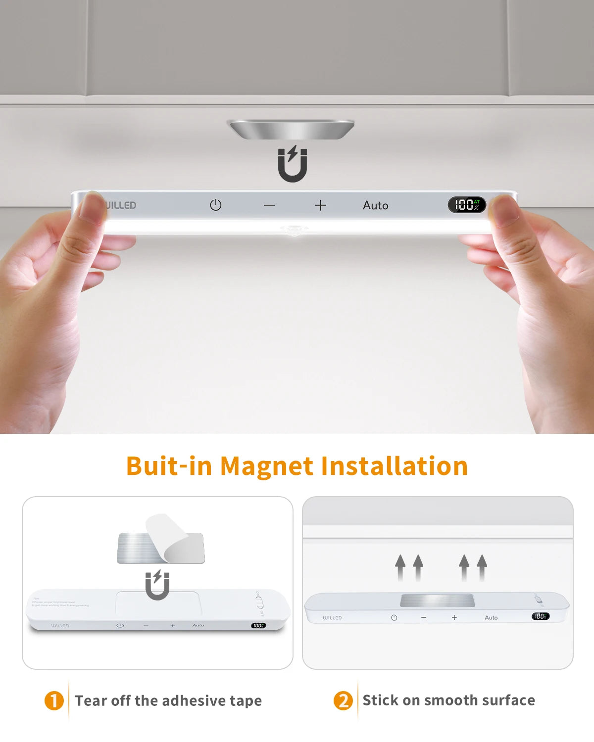 WILLED Under Cabinet Lights Rechargeable Battery Display 60 LED Touch Light Bar Motion Sensor Light Closet Light Night Lights