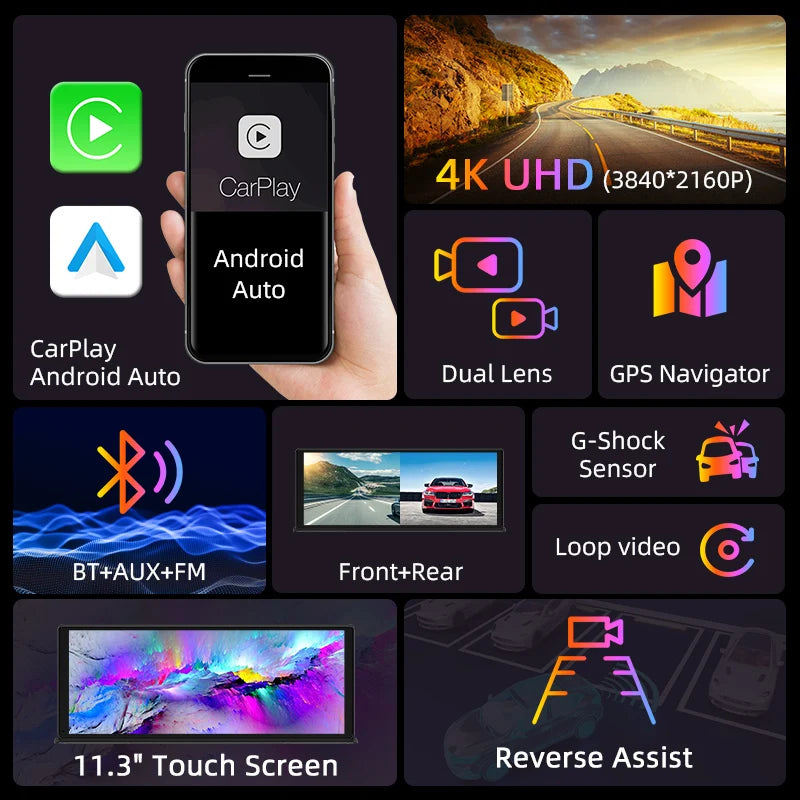 2024 NEW 11.3" Dash Cam 4K 2160P Car DVR Wireless Carplay & Android Auto 5G WiFi GPS Navigation Dashboard Dual Lens Recorder