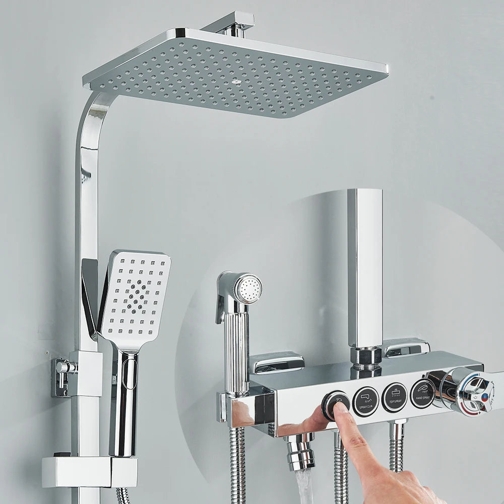 Black Thermostatic LCD Shower Faucet Set Temperature Display Rainfall Bathtub Tap With Bathroom Shelf Electricity By Water