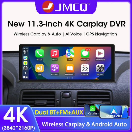 2024 NEW 11.3" Dash Cam 4K 2160P Car DVR Wireless Carplay & Android Auto 5G WiFi GPS Navigation Dashboard Dual Lens Recorder