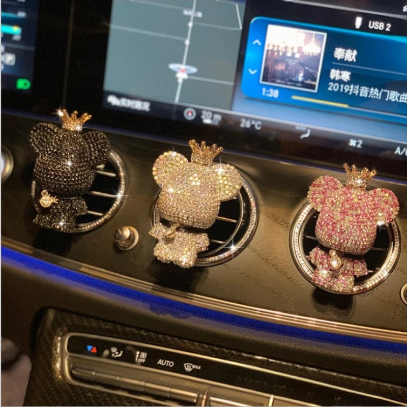 Cartoon Diamond Crystal Bow Bear Car Pendant Mirror Hanging Ornaments Bling Car Interior Decoration Women Accessories