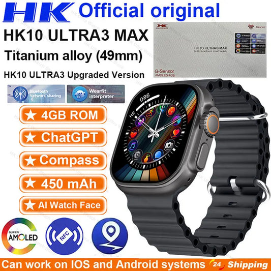 New HK10 ULTRA 3 MAX Smartwatch 2025 49mm HD AMOLED 4G ROM Bluetooth Network Call Robot Clock NFC Compass Smart Watch Men Women
