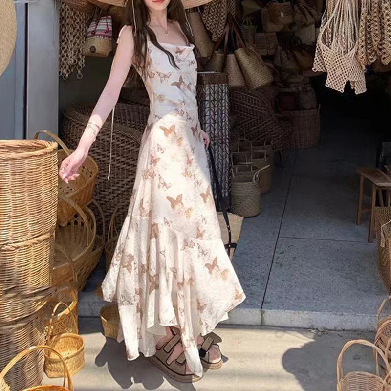 Women Irregular Butterfly Floral Kawaii Dress Hot Girl Tighten The Waist 2024 Spring Summer New Dress Vintage Elegant Dress