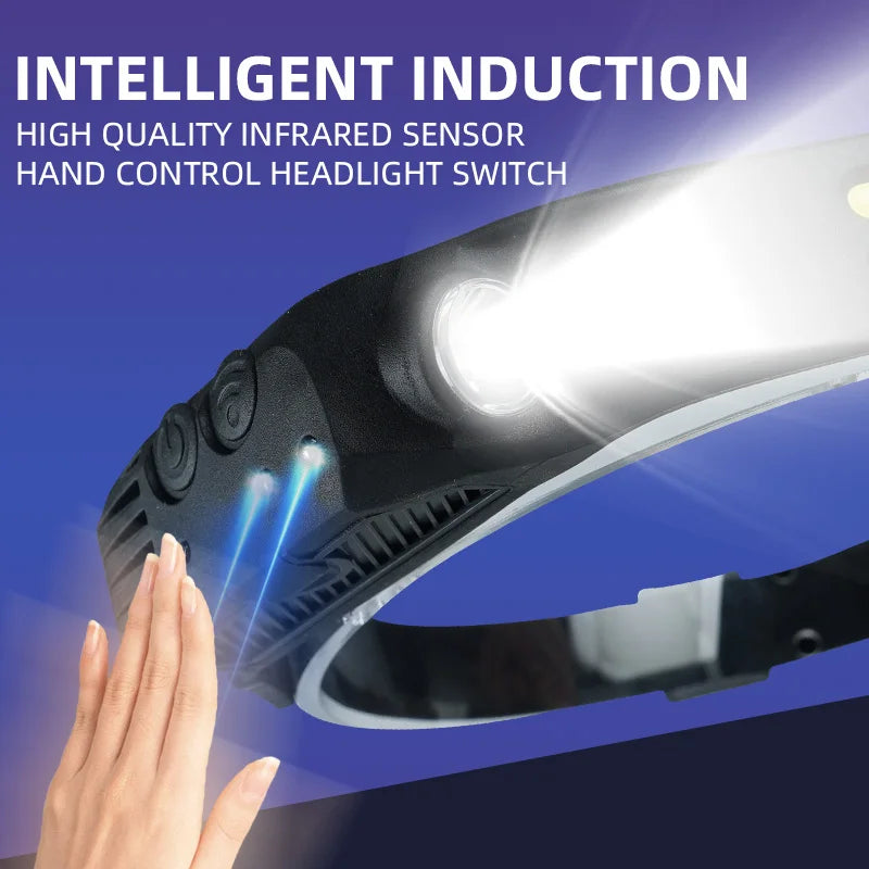LED Headlight Sensor With Built-in Battery Head Flashlight USB Charging Work Light Super Bright Headband