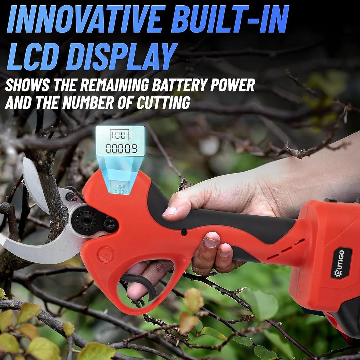 OUTIGO electric thread secateur, 40mm, with screen with 2 Batteries 3.0Ah for fruit trees and vineyard