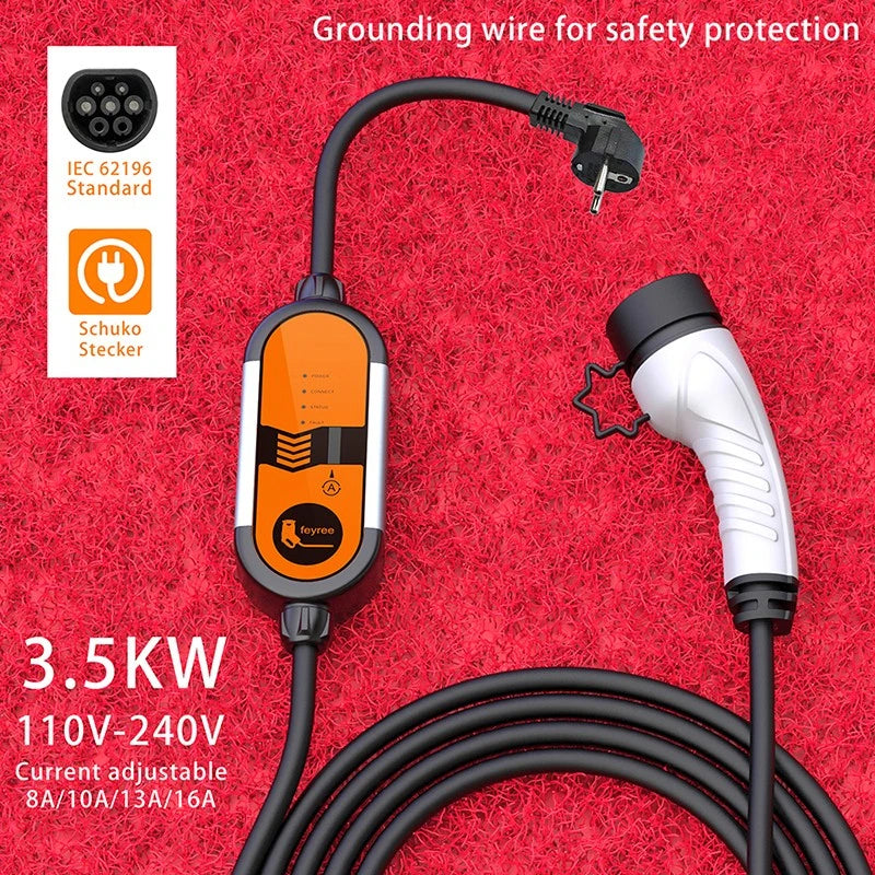 feyree Portable EV Charger Type2 3.5KW 16A EVSE Charging Box Type1 SAE J1772 Socket EU Plug Controller Wallbox for Electric Car