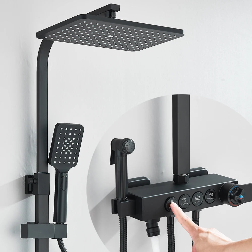 Black Thermostatic LCD Shower Faucet Set Temperature Display Rainfall Bathtub Tap With Bathroom Shelf Electricity By Water