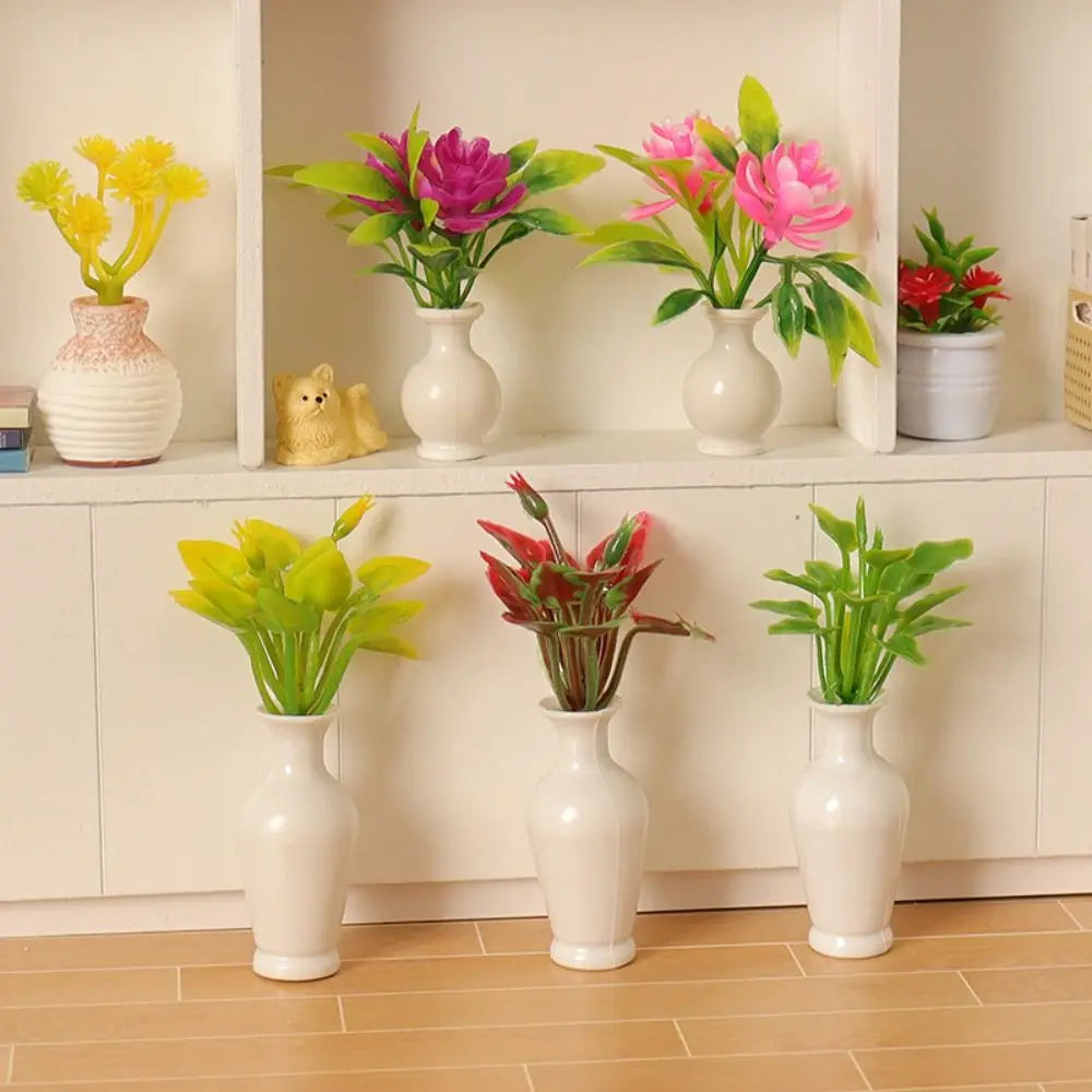 1:12 Dollhouse Mini Plastic Simulation Vase Green Plant Finished Flower Outdoor Doll House Miniature Model Accessories