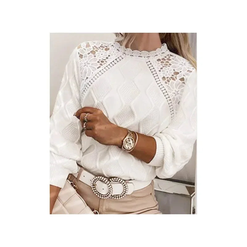 2024 Autumn Knitting Lace Women's Sweater White O-neck Long Sleeve Keep Warm Loose Sweaters Female Casual Trendy Ladies Clothes