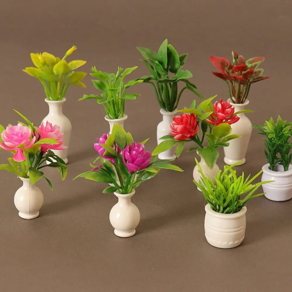 1:12 Dollhouse Mini Plastic Simulation Vase Green Plant Finished Flower Outdoor Doll House Miniature Model Accessories