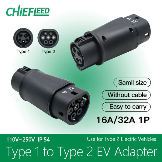 Chiefleed 32A 7.2KW Type 1 to Type 2 EV Charger Adaptor SAEJ1772 To IEC-62169 Converter Charging Eletric Vehicle Hybrid EU Cars