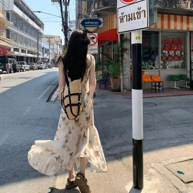 Women Irregular Butterfly Floral Kawaii Dress Hot Girl Tighten The Waist 2024 Spring Summer New Dress Vintage Elegant Dress