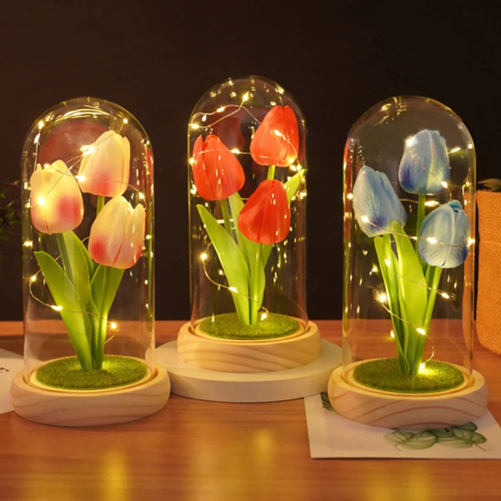 Tulip Gift For Girlfriend PU Simulation Tulip Night Light Gift With Glass Cover Decoration Creative Valentine's Day Gift Festive