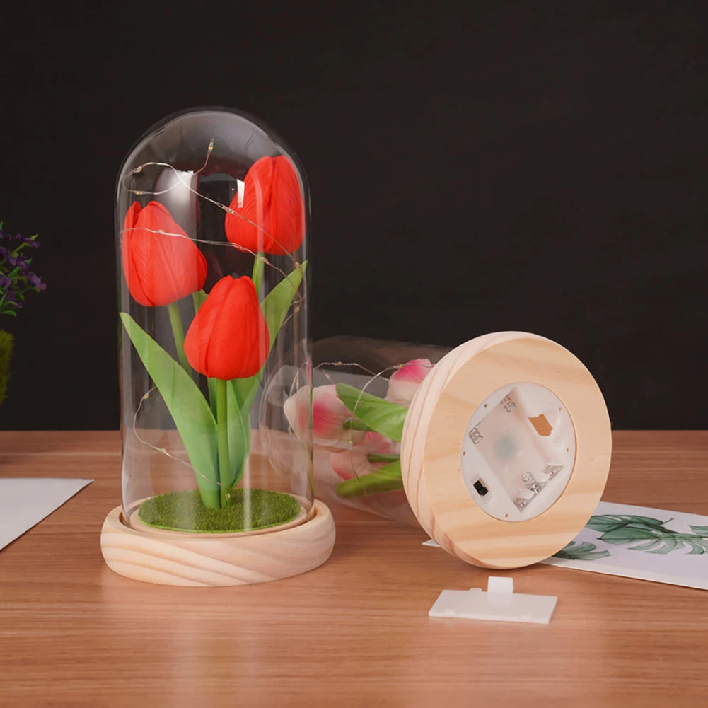 Tulip Gift For Girlfriend PU Simulation Tulip Night Light Gift With Glass Cover Decoration Creative Valentine's Day Gift Festive