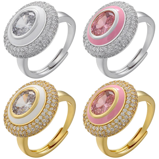 ZHUKOU Round Enamel mushroom rings for women sweet pink stones opening adjustable Couple rings Jewelry wholesale VJ518