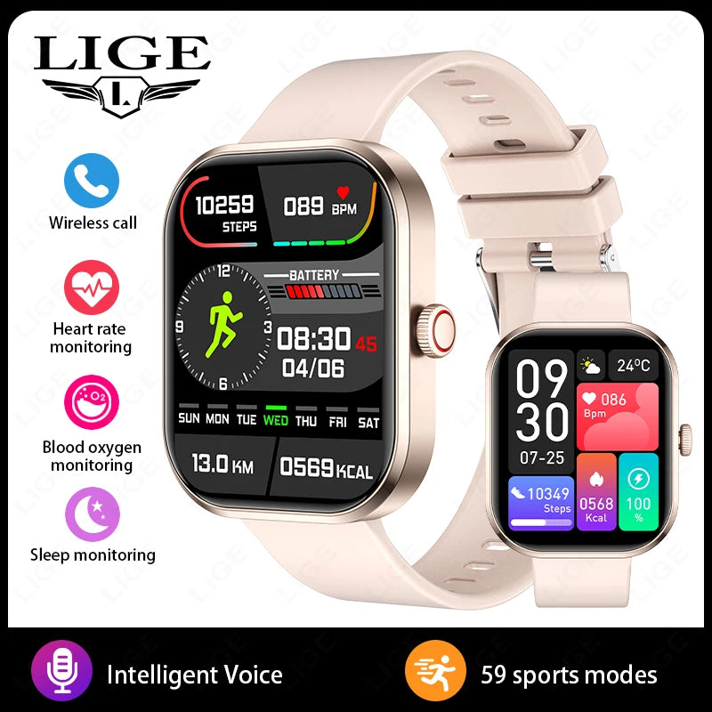 LIGE Smart Watches Ladies Bluetooth Call Sport Bracelet for Android IOS Women‘s Health Monitor Gift Music Clock Smartwatch Pink