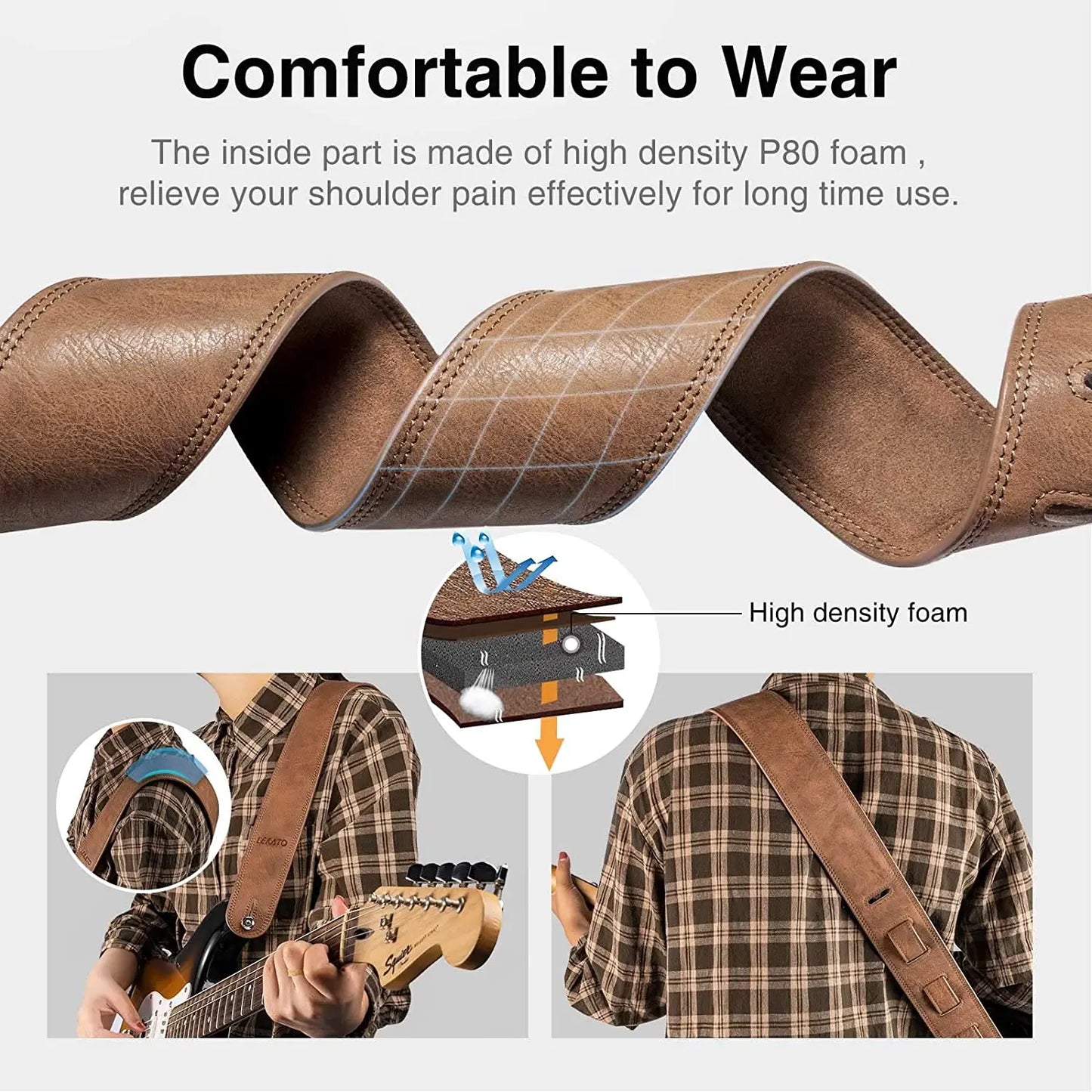 Lekato 2.5 Inch Wide Guitar Strap Leather with Thicken Foam Padded for Bass Electric Guitar Adjustable 41 To 51 Leather Strap