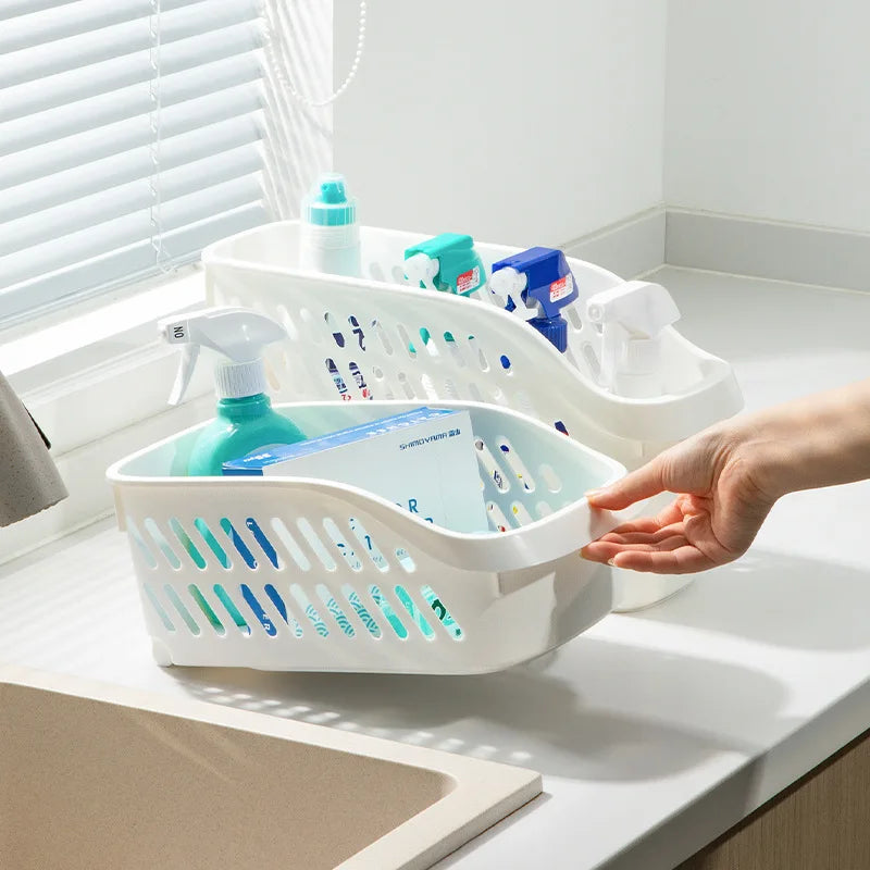 Shallow width and deep pulley kitchen storage, bathroom sewer storage basket, sink cabinet organization box, desktop storage box