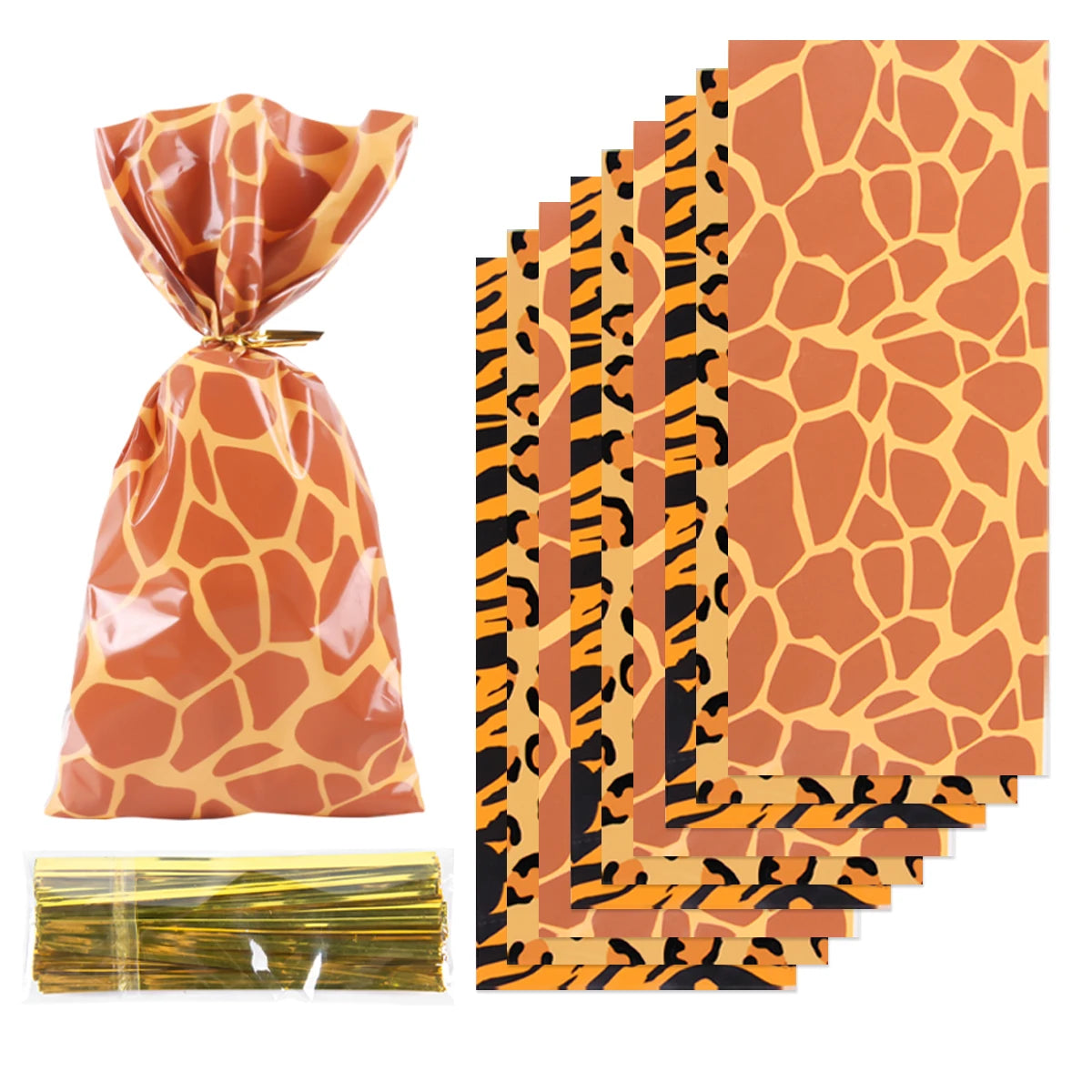 50pcs Jungle Animal Treat candy bag Wild Giraffe Cheetah Tiger Print Plastic Biscuit Packing Bag Safari Birthday Party Gift bag