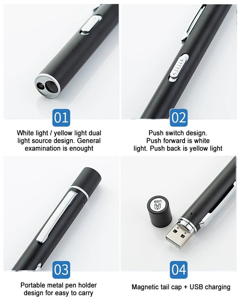Portable Medical First Aid Pen Light LED Flashlight Work Light  With Pupil Gauge Measurement Doctor Nurse Diagnosis White+Yellow