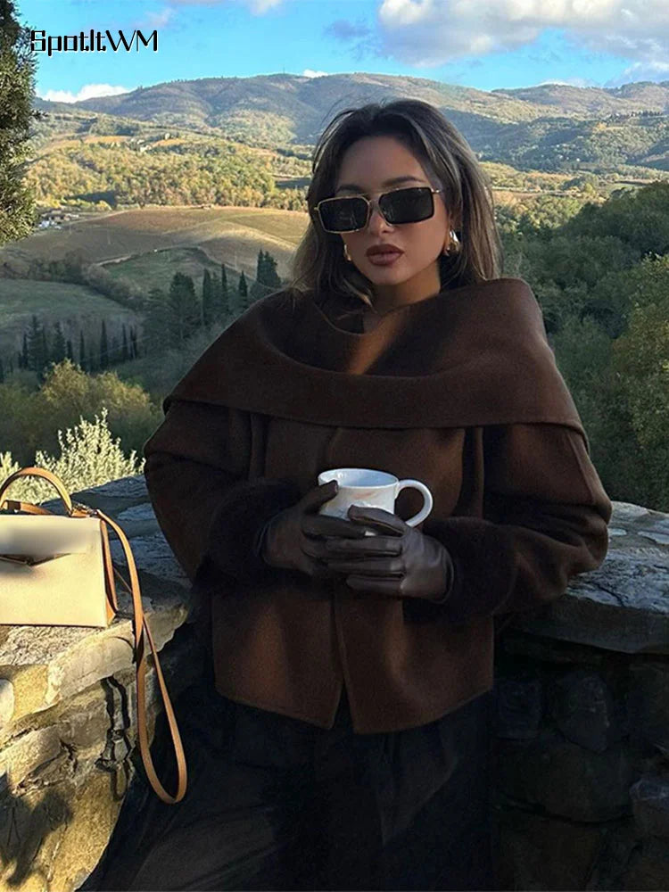 Women Chocolate Scarf Shawl Collar Short Wool Blends Coat Elegant Fashion Long Sleeve Casual Jacket 2024 Autumn Street Outerwear