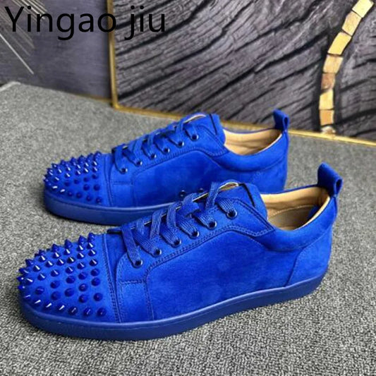 Spikes Design Flock Leather Shoes Spring Comfortable Flats Running Men's Sneakers Red Blue Black Shoes For Men Large Size 35-47