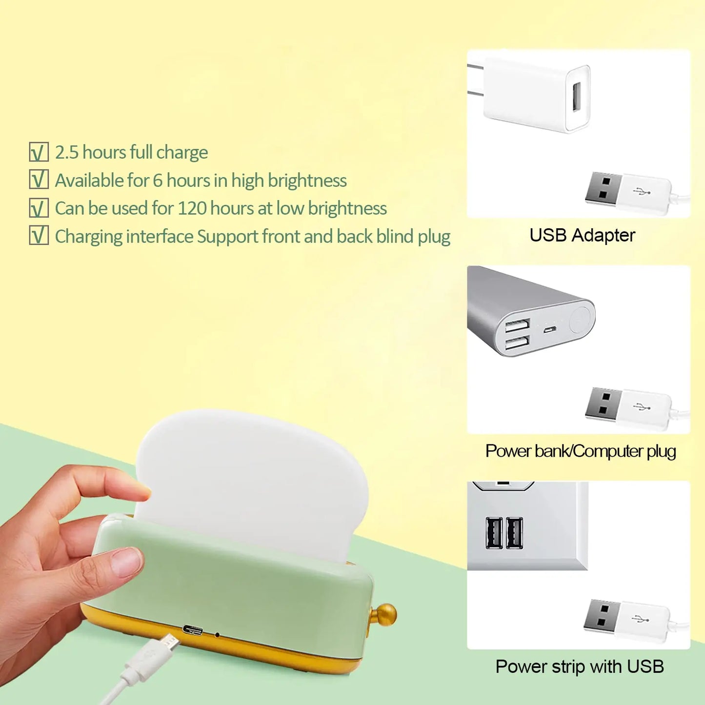 Toaster Bedside Lamp USB Rechargeable Cute Toast Bread Children's LED Night Light for Bedroom Decor Child Nightlight Kids Gift