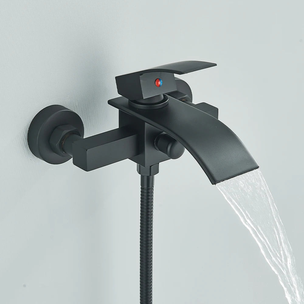 Matte Black Bathroom Bathtub Faucet Waterfall Faucet With Hand Shower Hot and Cold Water Mixer Taps Wall-mounted Bathtub Faucet
