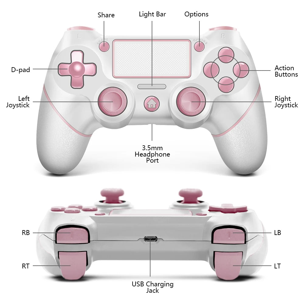 AceGamer Wireless Controller for PS4 Pink Joysticks Double Shock/Touchpad/3.5mm Audio Jack Compatible with PS4/Slim/Pro/PC
