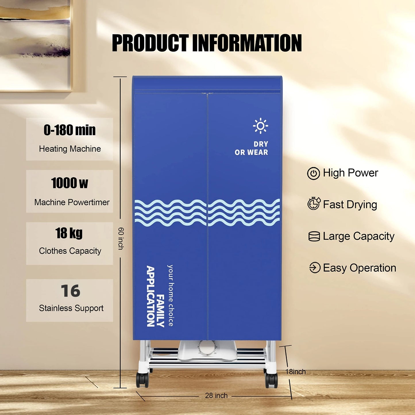 Portable Clothes Dryer Drying Machine with Timer Laundry Drying Wardrobe with Large Capacity Dryer Rack for Home Appartments