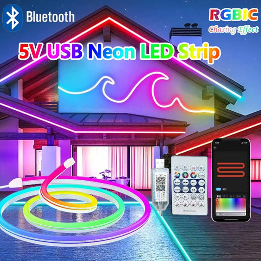Neon Led Strip Light 5V RGBIC Neon Strip Lights 1M 2M 3M 5M Waterproof Flex Ribbon Led Tape for Room Wall Decor Music Sync