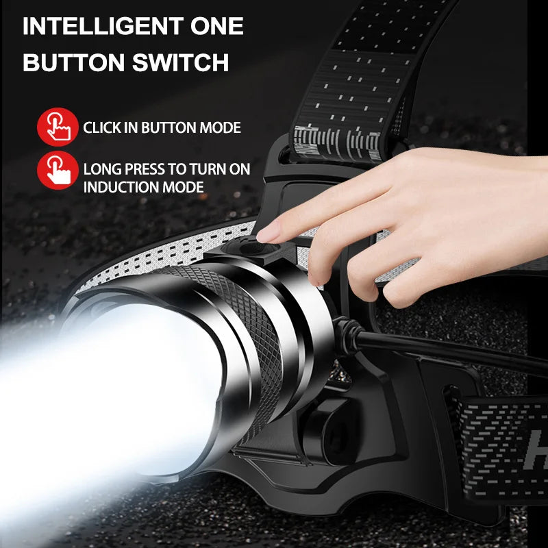 50000000LM Sensor Headlight LED 5000M Long Throw Induction White Spotlight XHP70 Headlamp USB Fishing Waterproof 18650 Lanternes