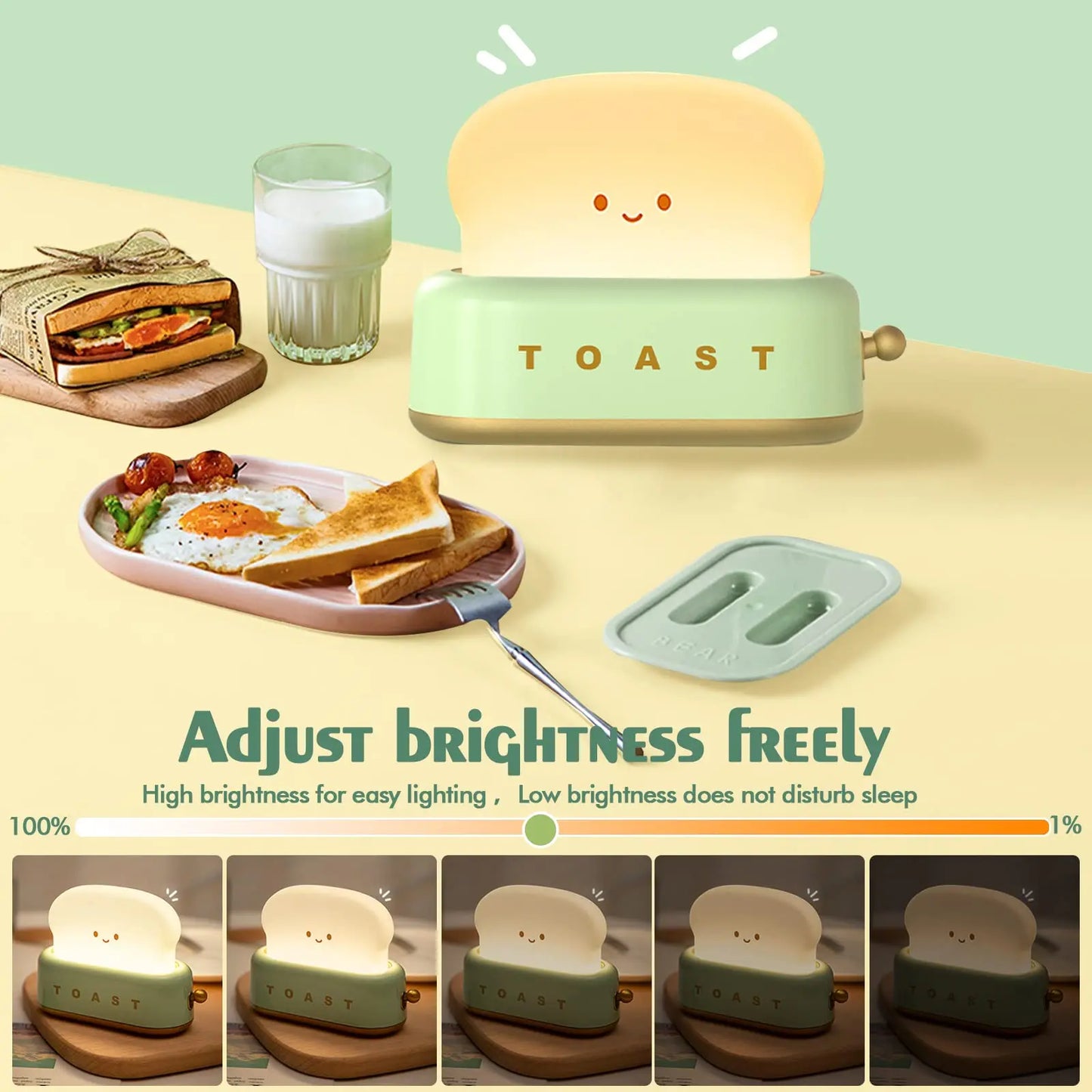 Toaster Bedside Lamp USB Rechargeable Cute Toast Bread Children's LED Night Light for Bedroom Decor Child Nightlight Kids Gift