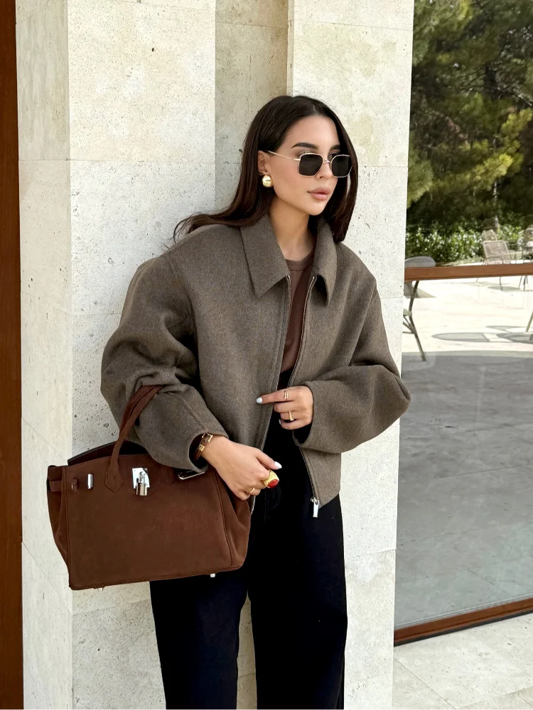 Fashion Brown Short Woolen Jacket For Women Elegant Lapel Long Sleeves Zipper Cropped Coats Autumn Chic Lady High Street Outwear