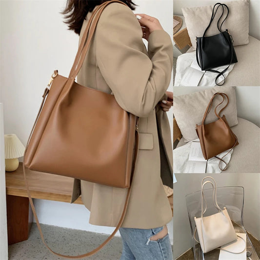 Vintage Women Handbag Luxury PU Leather Bucket Ladies Shoulder Bags Fashion Large Capacity Solid Color Crossbody Bag Tote Bag