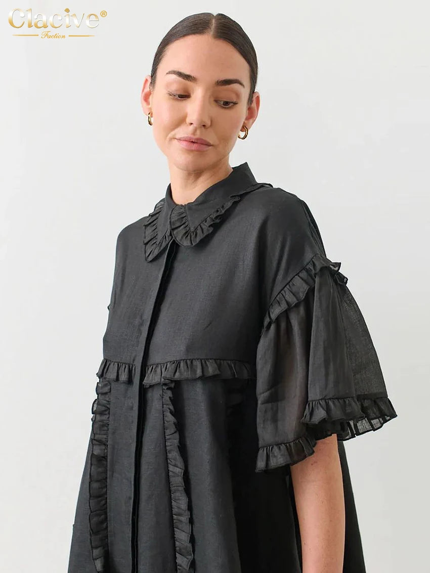 Clacive Summer Loose Black Cotton Women'S Dress 2024 Casual Lapel Short Sleeve Mini Dresses Elegant  Ruffle Solid Female Dress