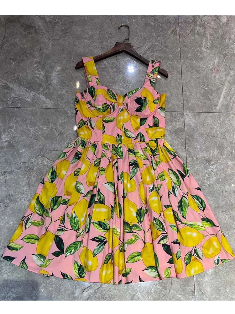 JUNLINNA 100% Cotton Lemon Printing Dress Summer Beach Holiday Spaghetti Strap Above Knee Vestidos Sweet Wear