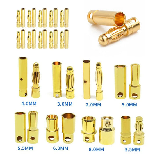 20pcs/lot 2.0mm 3.0mm 3.5mm 4.0mm 5.5mm 6.0mm 8.0MM Gold Bullet Banana Connector plug for ESC Lipo RC battery Plugs (10 pair)