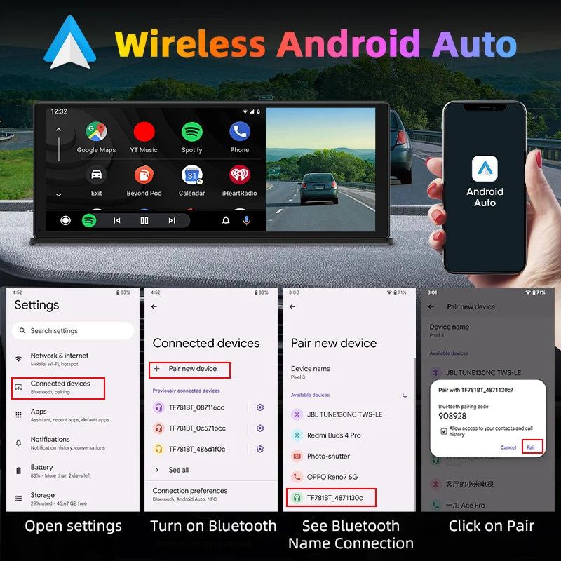2024 NEW 11.3" Dash Cam 4K 2160P Car DVR Wireless Carplay & Android Auto 5G WiFi GPS Navigation Dashboard Dual Lens Recorder