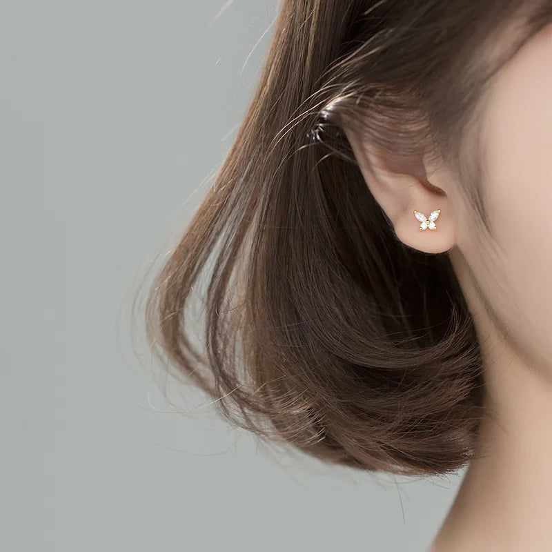 925 Sterling Silver Romantic Mini Butterfly White Zircon Stud Earrings for Women Chic Wedding Piercing Jewelry Gift