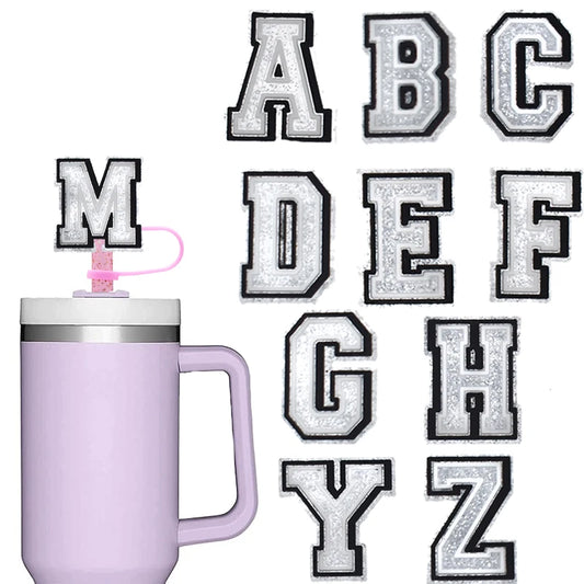 1PCS silver letter straw cap PVC Letter A B C D straw toppers for tumble drinking charm decoration straw cover pen topper Gift