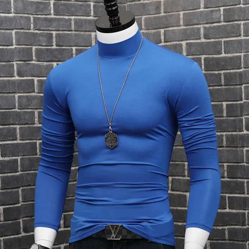 Fashion 2023 Oversize Solid Men's Slim Fit T-Shirt with Turtleneck Autumn Long Sleeve Top Shirt Male Modal Base Male Blouse