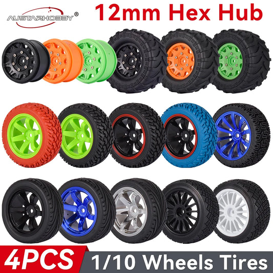 AUSTARHOBBY 1/10 Monster Tires Rally Tires 4pcs 12mm Hex Plastic Wheel Rim Rubber Tyre for 1/10 Traxxas HSP HPI Tamiya RC Car