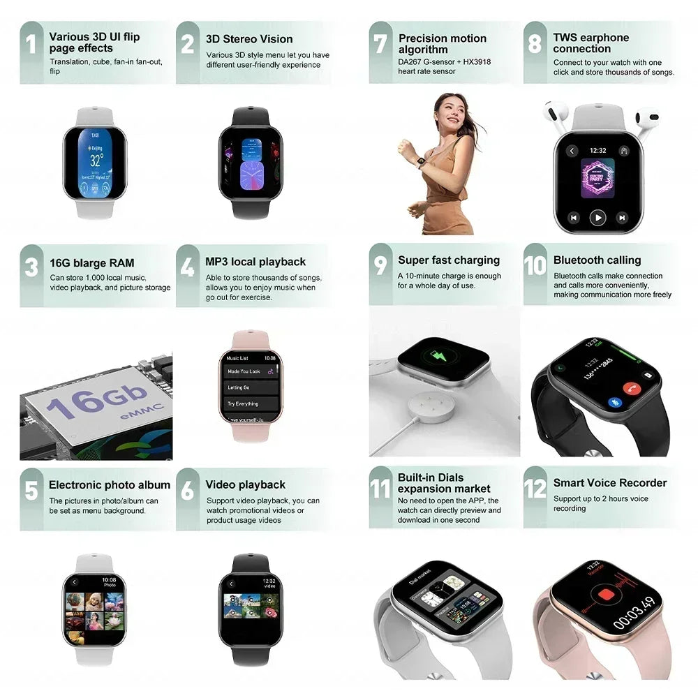 New For Apple Watch 10 Original Smart Watch 16GB Memory Music HD AMOLED NFC Compass Bluetooth Call Waterproof Smart Watch Woman