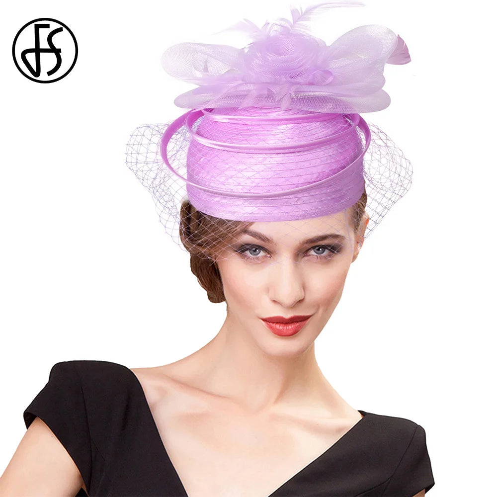 FS 2024 Wedding Church Red Hats Fascinators For Woman With Feather Veil Cocktail Party Headdress Lady Elegant Kentucky Derby Cap