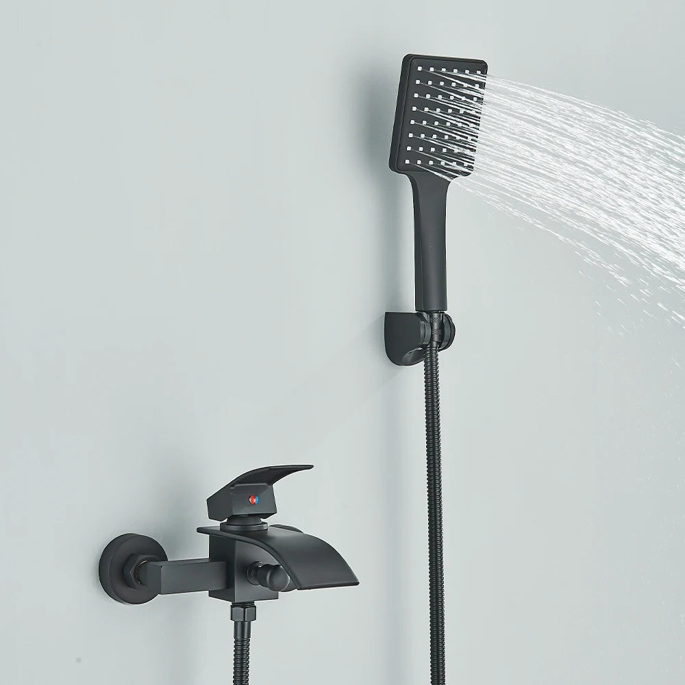 Matte Black Bathroom Bathtub Faucet Waterfall Faucet With Hand Shower Hot and Cold Water Mixer Taps Wall-mounted Bathtub Faucet