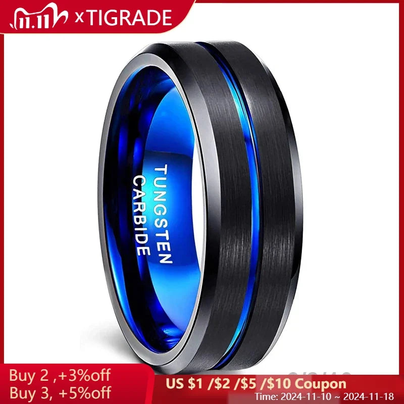 TIGRADE 6/8/10mm Blue&Black Mens Tungsten Carbide Ring Blue Line Design For Women Wedding Engagement Rings Fashion Size 6 -17