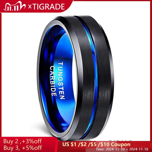 TIGRADE 6/8/10mm Blue&Black Mens Tungsten Carbide Ring Blue Line Design For Women Wedding Engagement Rings Fashion Size 6 -17